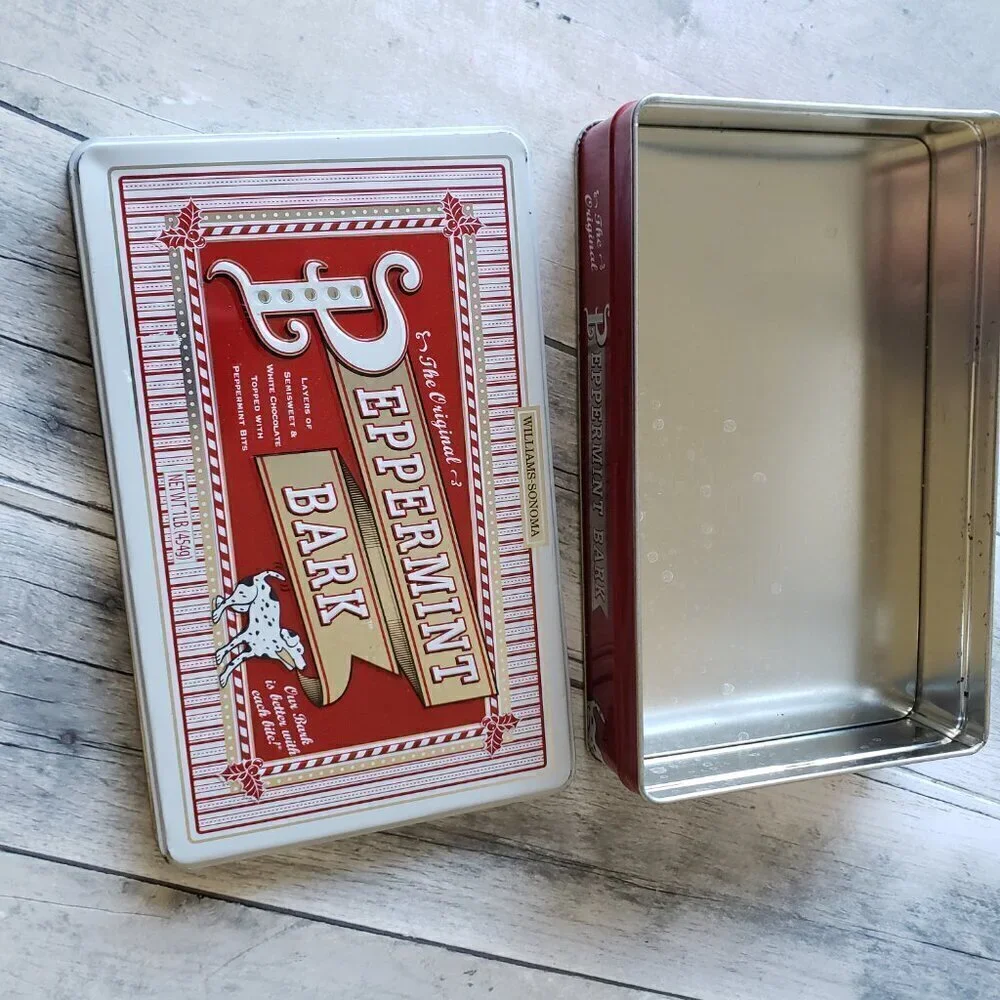 Williams Sonoma Peppermint Bark 1 lb. Tin, 8.5” long x 5.5” wide, EMPTY